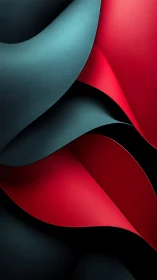 Curved red and teal layered folds in high-contrast abstraction