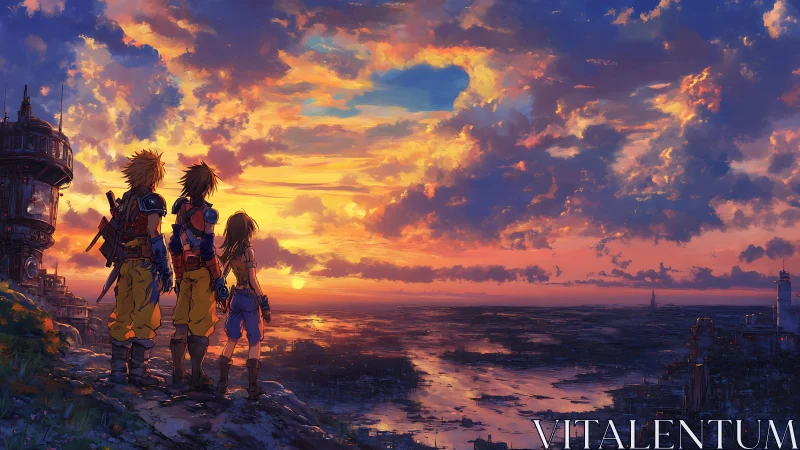 Brave friends greet a glowing sci fi sunset on the horizon