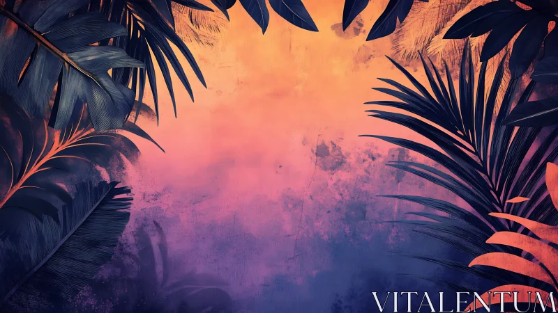 Tropical leaves frame vivid sunset gradient sky backdrop.