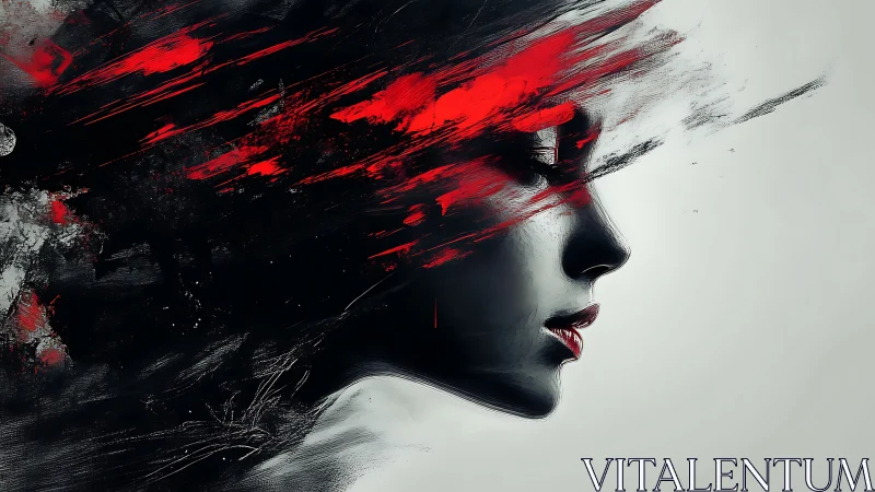 Profile portrait dissolves into dynamic red abstract strokes