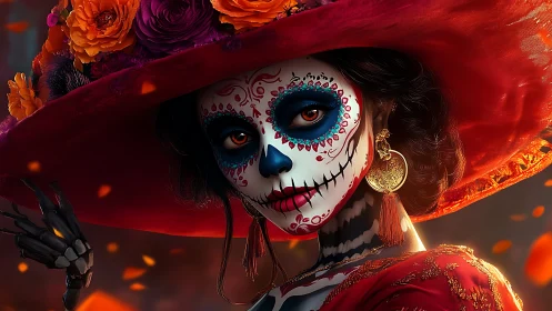 Dia de Muertos figure with calavera makeup and red hat.
