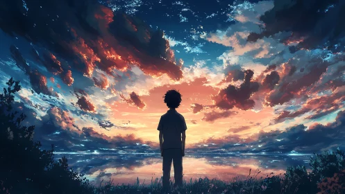 Solitary dreamer watches a sky of burning painted clouds.