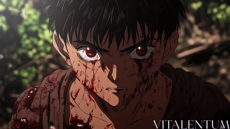 Young warrior’s fierce stare in a forest of turmoil.