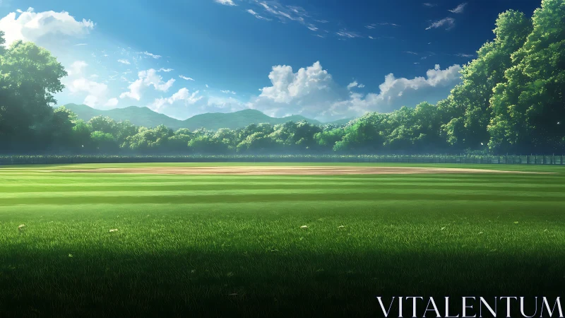 Sunny empty baseball field with lush trees and mountains.