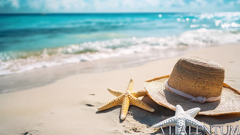 Straw sun hat and starfish lie on clean sandy beach