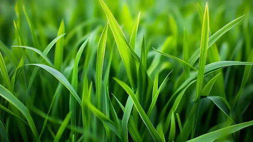 Gentle green grass blades glow softly in sunlit calm