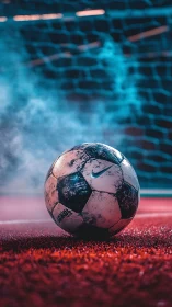 Weathered football on synthetic turf under cinematic arena lighting
