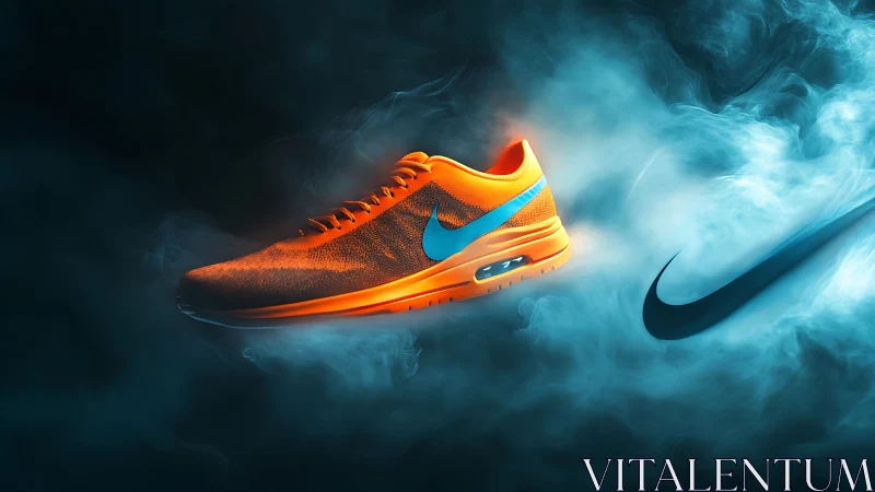 Orange running shoe in blue smoke with logo emphasis.