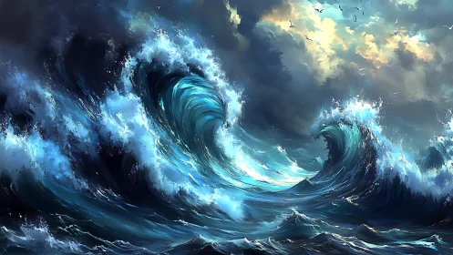 Dynamic digital seascape shows curling waves under clouds