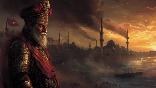Ottoman commander overlooks burning golden-hued harbor