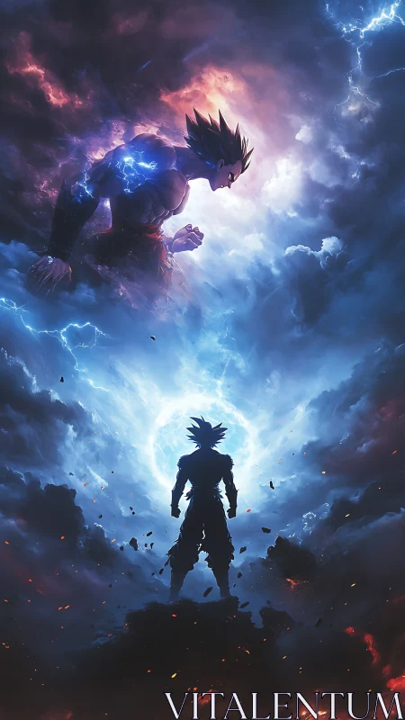 Energetic duel between silhouetted warriors framed by storm clouds