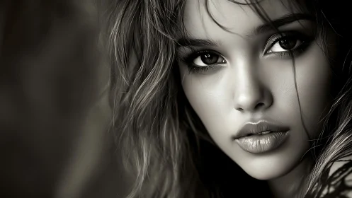 Monochrome portrait captures intense gaze and soft texture.