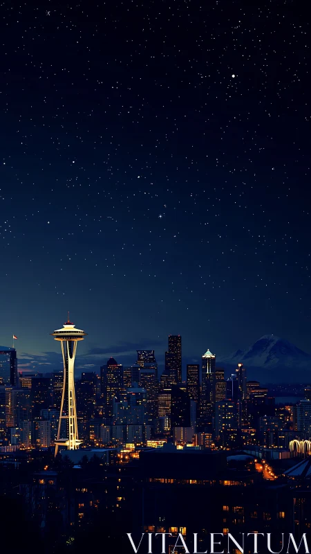 Seattle skyline glows under dense starry midnight sky