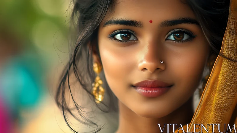 Portrait of a young woman in golden traditional attire.