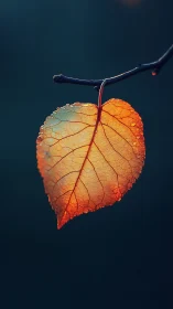 Single orange leaf with water droplets on dark background.