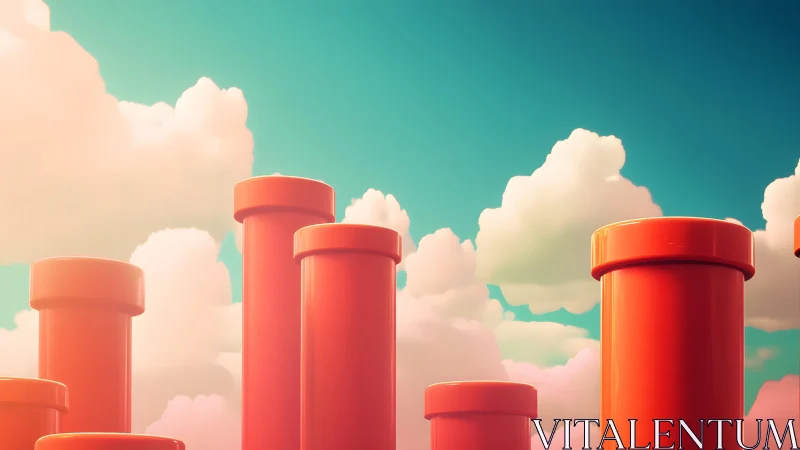 Surreal Red Pipes Rise Against a Dreamy Cloud-Filled Sky. Surreal Red Pipes Rise Against a Dreamy Cloud-Filled Sky.