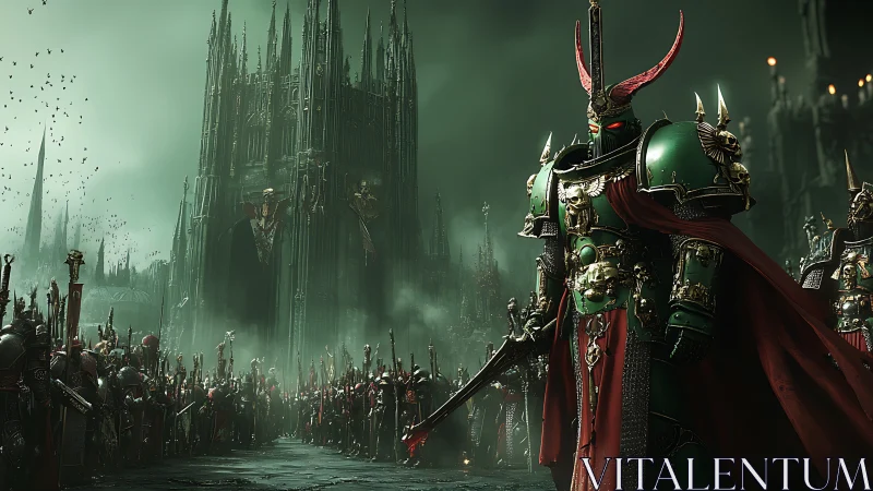 Armored warlord before neo-gothic citadel, red cloaked host