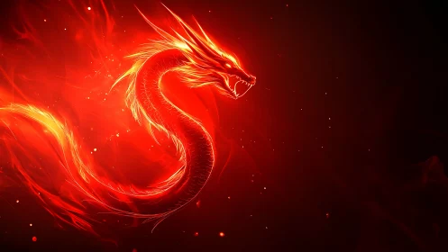 Fiery red dragon curls through glowing embers in the dark