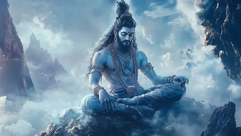 Divine blue deity meditating above icy Himalayan clouds.