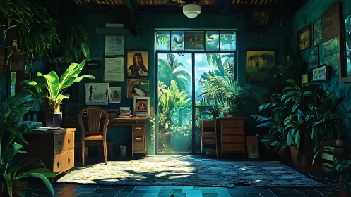 Sunlit jungle studio where potted ideas quietly overgrow.