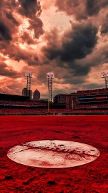 Baseball home plate glows under dramatic stormy sunset sky