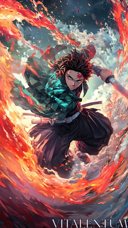 Swordsman within circular arc of stylized flame and water.
