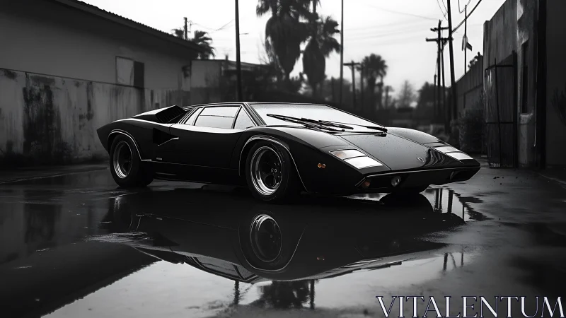Low-slung black supercar reflects on wet asphalt in moody alley