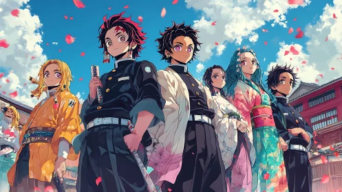 Group of anime students in uniforms and kimonos outdoors.