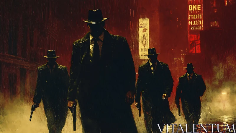 Shadowed mobsters stride through a rain soaked city night.