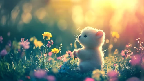 Backlit fluffy creature kneeling in sunlit wildflower meadow