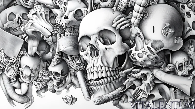 Dense anatomical skull cluster rendered in high contrast linework