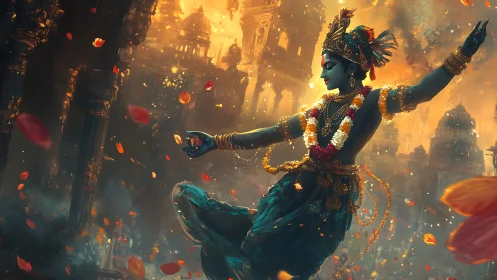 Divine blue dancer moves through burning temple cityscape