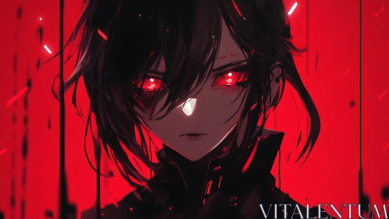 Red-lit anime portrait with glowing eyes and dark hair.