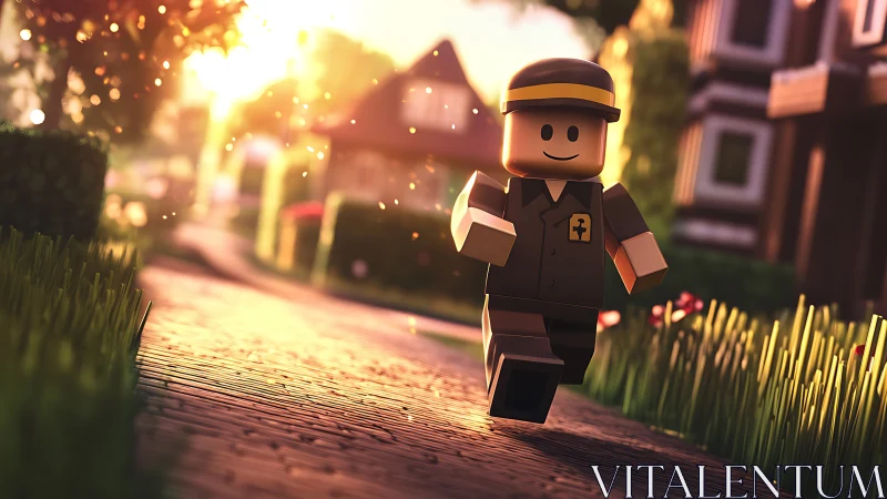 Lego-style delivery worker runs along sunlit suburban path