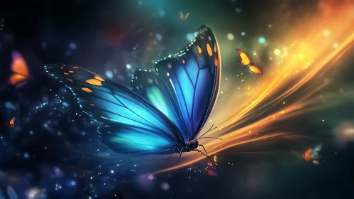 Bioluminescent blue butterfly crosses luminous golden energy stream
