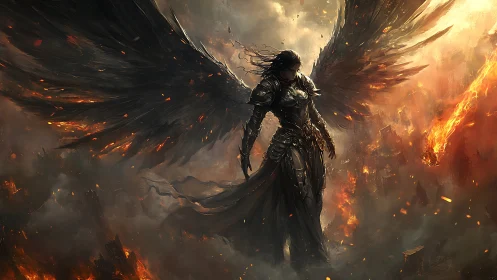 Dark armored angel over burning apocalyptic battlefield.