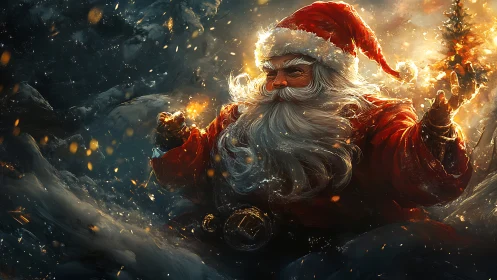 Santa Claus conjures glowing sparks in snowy night landscape