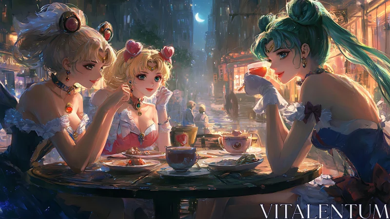 Moonlit anime heroines share tea in a glowing city night.
