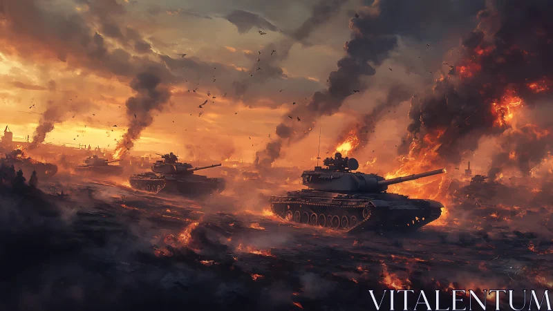 Armored columns crossing burning battlefield at dusk.