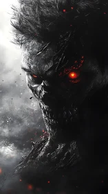 Burning eyed skeletal demon emerges from smoky darkness