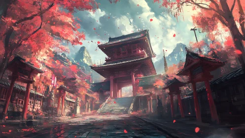Crimson temple gateway breathing autumn mountain light.