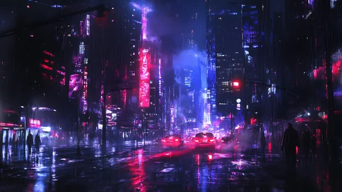 Neon city street glows through rain soaked cyberpunk night