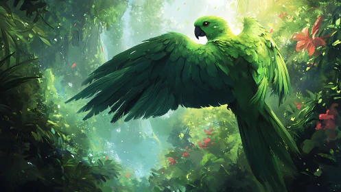 Emerald parrot spreading wings in radiant jungle light.