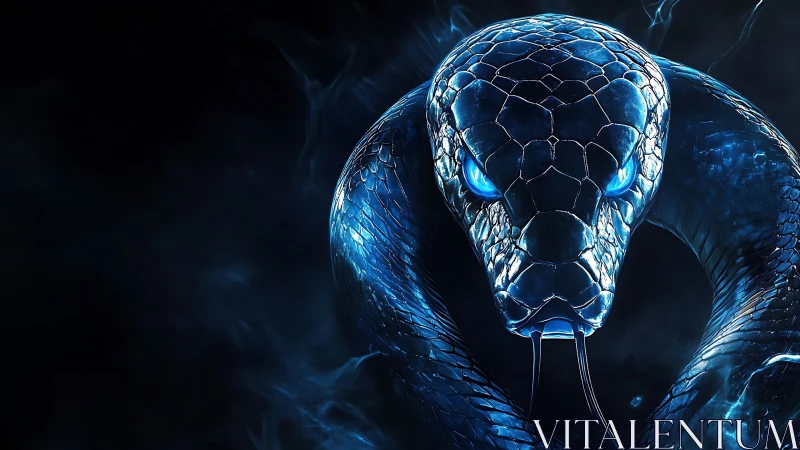 Cybernetic blue cobra head-on in high-contrast digital render.