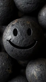 Textured black smiley sphere with high-contrast micro-detail lighting