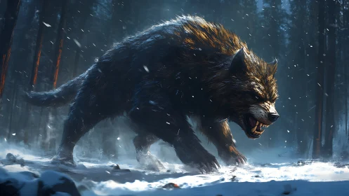 Muscular dire wolf lunges through snowy forest with dynamic rim light