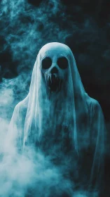 Veiled skull-faced specter stands in dense swirling fog