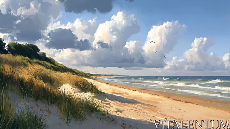 Coastal sand dune shoreline under towering cumulus cloudscape