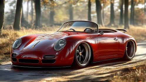 Photorealistic low-slung roadster under autumn forest light.