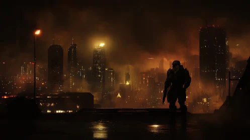 Armored lone soldier overlooking burning cyberpunk cityscape.